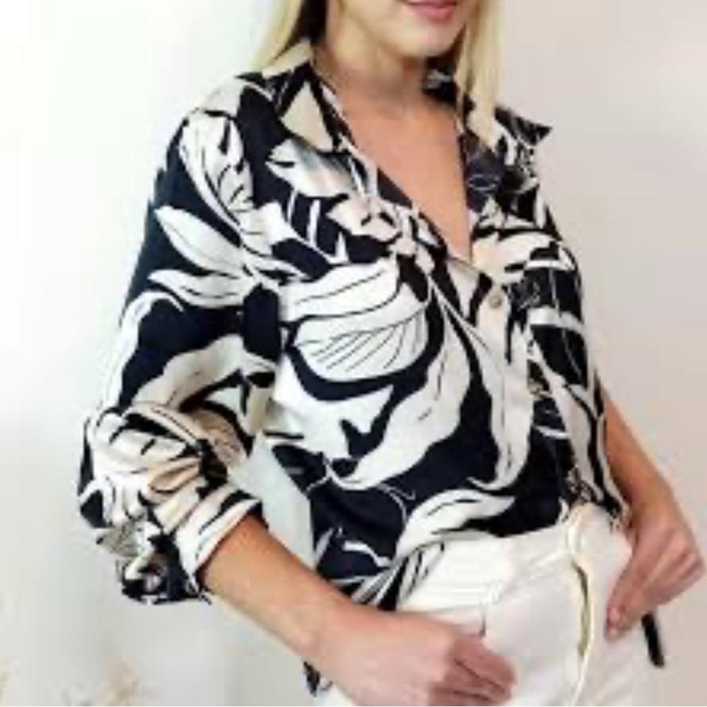 Coldwater Creek Dark Brown & Cream Off White Silky Button Down Tropical Shirt S
